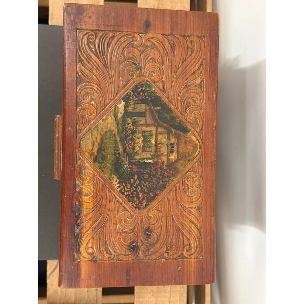 Vintage Cedar Wood Jewelry Box Hand Carved Cottage Landscape Keepsake Chest